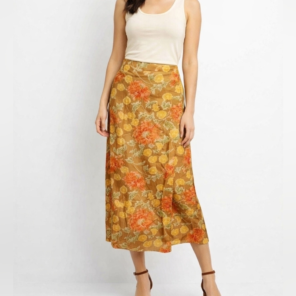 WORTHINGTON 1990s Silk Floral Tropical Wrap Pastel Tiki Midi Skirt